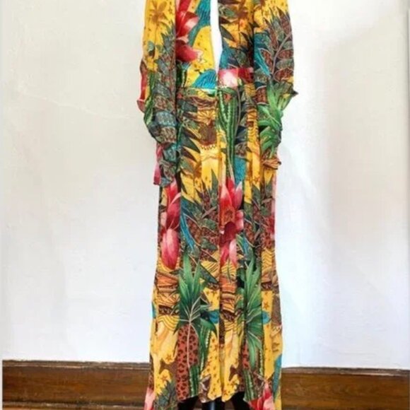 Farm Rio Tropical Dreams Caftan Maxi Dress Yellow Multi Jungle Cheetah Print - Picture 8 of 9
